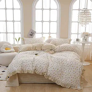 Floral Queen Duvet Cover Set Ruffle Coquette Comforter Cover Queen Size Cute Boho Lightweight Gingham Duvet Cover Set with 2 Pillow Cases Cotton Cozy Queen Bedding Aesthetic Duvet Protector