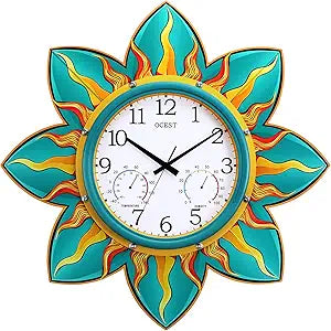 OCEST 24 Inch Outdoor Clock, Waterproof with Thermometer and Hygrometer Combo, Silent No-Ticking Outdoor Wall Clocks, Quartz Clock for Patio Garden Flame Petal