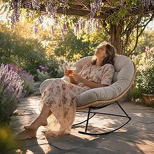 Takywep Wicker Rattan Rocking Chair with Arc Foot Base, Single Person Indoor Outdoor Patio Rocker with Loose Gray Cushion, Iron Frame Rustic Country Style, Yellow Rattan with Gray Cushion