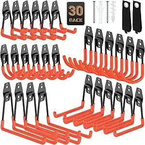 30 Pack Garage Hooks, Heavy Duty Steel Wall Mount Utility Hangers with Anti-Slip Coating for Hanging Bikes, Ladders, Power Tools, and Garden Equipment