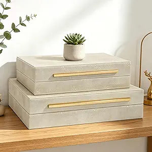 Set of 2 Decorative Box with Lids, Faux Leather Decorative Storage Boxes Modern Beige Keepsake Box Wedding Memory Box Bins, Jewelry Photo Card Organizer Boxes for Home Decor (Beige)