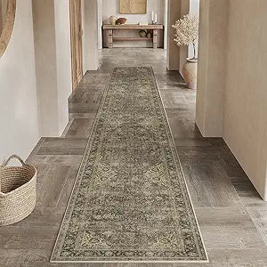 3x10 Washable Runner Rug Brown Vintage Non Slip Soft Low Pile Hallway Kitchen Rug Distressed Oriental Carpet for Laundry Bathroom Bedroom Living Room Home Decor