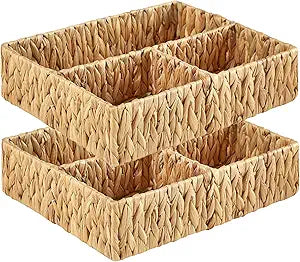 Vagusicc Wicker Divided Storage Basket, Hand-Woven Water Hyacinth Wicker Baskets, Basket for Drawer Organizing, 3 Section Rectangular Woven Storage Baskets, 2-Pack