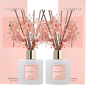 Cocorrna Premium Reed Diffuser Set with Preserved Baby's Breath & Cotton Stick Sandalwood Rose 2 Packs, 6.7oz Scent Fragrance Oil Diffuser for Bedroom Bathroom Home Dcor