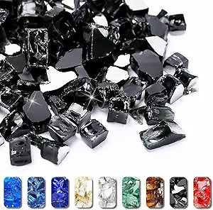 GRISUN Onyx Black Fire Glass for Fire Pit, 20 Pounds 1/2 Inch High Luster Reflective Tempered Glass Rocks for Natural or Propane Fireplace, Safe for Outdoors and Indoors Firepit Glass