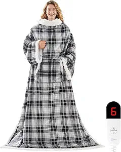 Electric Heated Blanket Wearable Throw with Foot Pocket & Front Pouch  6 Heat Settings, 4H Auto-Off, Reversible Flannel & Sherpa, Oversized 52"x72" Heated Blanket for Bed or Couch, Grey Plaid