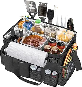 HODRANT Large Grill Utensil Caddy with Paper Towel Holder, Outdoor Picnic Bag Organizer for BBQ Supplies Tool, Tailgating Accessory Basket Camping Gear Must Haves for Cook Essentials, Black, Bag Only