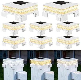 APONUO Solar Post Cap Lights Outdoor, 3 CCT & 2 Brightness Deck Post Lights Solar Powered for 4x4 5x5 6x6 Vinyl Wooden Posts, Waterproof Dusk to Dawn Fence Deck Lights for Patio Garden, White, 8-Pack