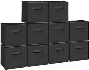 11 Inch Fabric Storage Cubes, Sturdy Foldable Storage Bins, Heavy Duty Cube Organizer for Clothes, Blankets, Shelves, Closets, Bedroom, Living Room, Black, 10 Pack