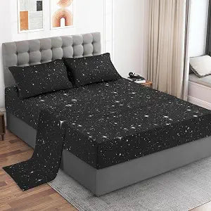 Pamnest Queen Size Bed Sheet Sets, Star Sky Black Soft Microfiber 4 Pcs Bedding Sets for Kids and Adults Bedroom Bed Decor, Space Starry Deep Flat, Fitted Sheet and 2 Pillowcases