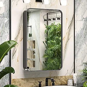 Keonjinn Black Medicine Cabinet 16 x 24 Inch, Bathroom Medicine Cabinet with Mirror, Heavy & Solid Stainless Steel Framed, Adjustable Shelves, Recessed or Wall Mount, Bathroom Mirror with Storage