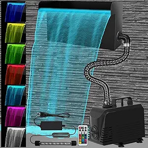 AquaMiracle All-in-1 Pond Waterfall Kit with LED Lights, 12" Stainless Steel Spillway with 660GPH Water Pump, Lighted Waterfall Fountain Outdoor for Water Garden, Backyard, Pool