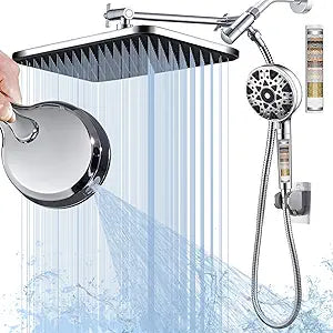 Dual shower Head with Handheld and Filter-14'' Rainfall ShowerHead,High Pressure Handheld Shower Head with Filters for Hard Water,7Spray with Power Wash,3-Way Setting for Couple Bathroom
