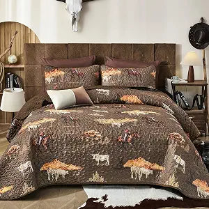 WONGS BEDDING Western Quilt Set Queen,3 Pieces Rustic Ranch Life Bedspread with Cowboy Southwestern Vintage Country Pattern,Brown Soft Lightweight Farmhouse Bedding for All Season(96"x90")