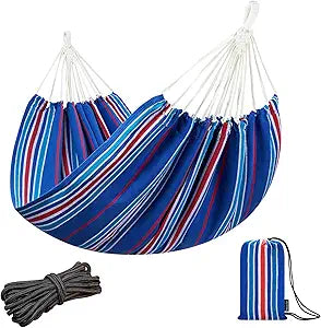 JoyView Brazilian Double Hammock with Hanging Ropes Extra Large 86.6x59 Portable Cotton Hammock for Patio Backyard Porch 450LBS Weight Capacity Perfect for Outdoor/Indoor - Blue Stripe