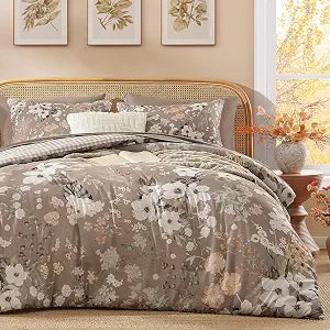 Andency Queen Size 7 Piece Reversible Bed in a Bag - Botanical Floral & Gingham Comforter Set, Farmhouse Vintage Rustic ComforterBrown