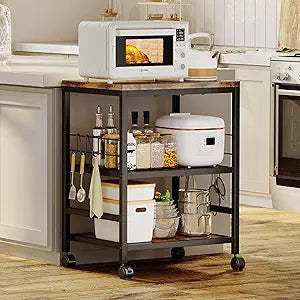 Homeiju 3-Tier Wooden Microwave Cart with Storage, 22.4''W Microwave Stand Coffee Cart Rolling Kitchen Utility Cart with Wheels, 5 Hooks, Rustic Brown and Black