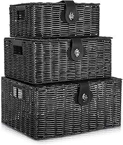Set of 3 Woven Wicker Storage Basket Box with Lids & Lock, Built-in Carry Handles, Multifunctional Storage Organizer for Nursery, Baby, Clothes, Toys, Books, Large/Medium/Small Size (Black)