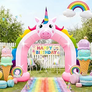 10FT Inflatable Unicorn Arch Outdoor Decorations Giant Inflatable Unicorn Rainbow Photo Backdrop with Built-in 5 LED Lights for Summer Beach Unicorn Pool Parties Girls Birthday Decor