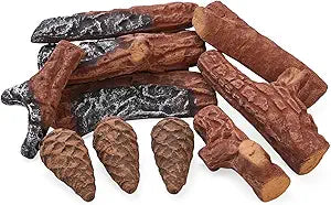 Ceramic Gas Fireplace Logs, 10 Peice Realistic Fire Logs for Outdoor Fire Pit, Artificial Fake Wood Set for Gas or Propane Inserts, Reusable Fake Fire Logs for Ventless, Fireplaces, Fire Pits