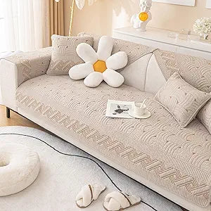 vctops Solid Color Cotton Quilted Sofa Couch Cover Weave Pattern Soft Sectional Couch Covers Embroidery Non-Slip Sofa Slipcover for Dogs, Children, Pets Furniture Protector (Khaki,28"x82")