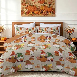 Luxudecor Thanksgiving Duvet Cover Set Queen, Autumn Gnome Pumpkin Bedding