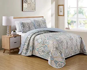 Luxury Home Collection 3 Piece King/California King Quilted Reversible Coverlet Bedspread Set Floral Printed Blue Taupe