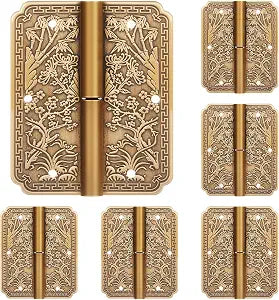 6 Pack Antique Brass Hinges for Door Cabinet, Four Season Flower