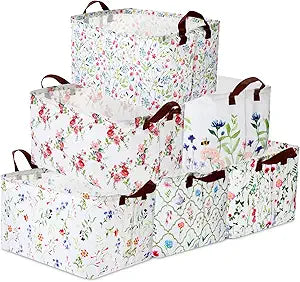 Vesici 6 Pack Floral Baskets for Gifts Empty Wildflowers Storage Bins Flower Rectangular Canvas Storage Basket with Handle for Girl Nursery Bedroom Decor
