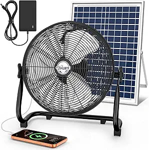 14" Solar Powered Fan with 20W Solar Panel & Rechargeable Battery, Portable, Quiet 12 Speed, 360┬░ Tilt Head for Outside, Camping, Travel, Greenhouse, Chicken Coop, Patio, gazebo (Black)