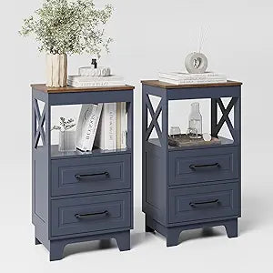 Tall Nightstand Set of 2 Side Table with 2 Drawers Modern Night Stand Wooden Rustic End Table Bedside Table with Upper Open Shelf Solid Feet for Bedroom Navy Blue+Walnut
