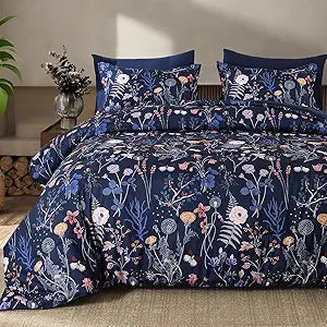 Yiran Queen Comforter Set, 7 Pieces Navy Blue Floral Soft Bedding Sets, Queen Bed in a Bag with Botanical Flowers Winter Comforter, Sheets, Pillowcases & Shams
