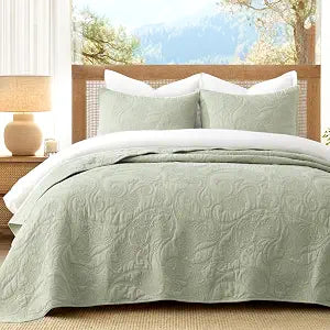 Grassix 100% Cotton Quilt Set Queen Size, 3 Piece Prewashed Paisley Quilted Bedspread with 2 Pillow Shams, Lightweight Breathable Coverlet for All Seasons, Oeko-TEX Certified, 9096 Inch, Sage Green