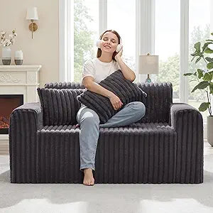 Hobestluk Couch Sofa 2-Seater Foam Sofa Loveseat for Small Spaces Comfy Sofas with Removable Cover Furry Couch with Pillows for Living Room, Bedroom, Apartment, Office (Dark Grey, Loveseat)