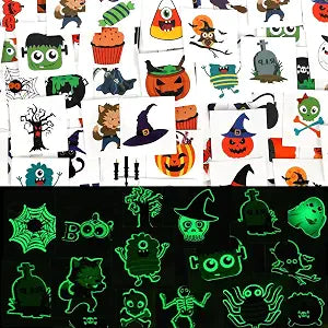 JUNEBRUSHS 180 Pcs Halloween Temporary Tattoos, 1.6 Inch Glow in Dark Bulk Tattoos Stickers Safety Stickers for Halloween Party Favors 36 Styles Tattoos for Boys Girls Goody Bag