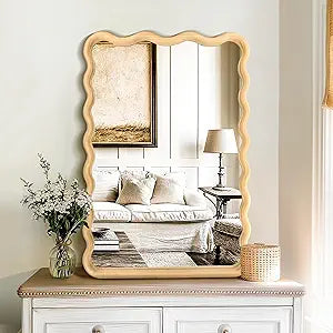 Bathroom Mirror for Wall, 20"x30" Boho Wavy Wood Mirror Large Full Length Decorative Mirror with Tempered Glass, Natural Wooden Frame Vanity Mirror for Bedroom, Living Room, Entryway