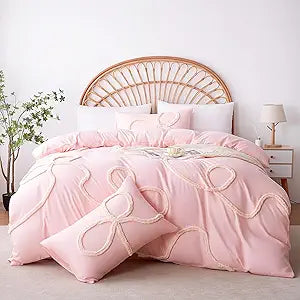 Ubo&Heng'er Duvet Cover Queen Size,3 Pieces Pink Bow Duvet Cover Set, Ultra Soft Chic Textured Breathable Comforter Cover for All Season,Boho Bedding Set with Zipper 2 Pillow Shams (Queen, 90"x90")