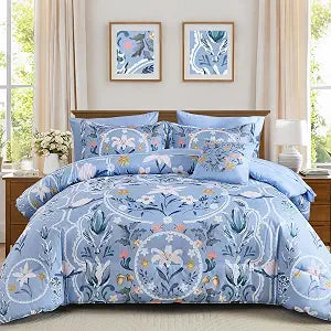 Floral Blue Comforter Set-King Size 8 Piece Bed in a Bag,King Comforter Set with Sheets,Farmhouse Vintage Comforter