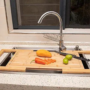 Defined Deco Over The Sink Cutting Board, Kitchen Sink Cover for Counter Space, Extra Large Expandable Cutting Board Over Sink, Natural Bamboo Cutting Boards with Juice Groove