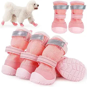 4-Pack Dog Boots for Small Medium Dogs, Breathable Mesh Dog Shoes with Reflective Straps, Anti-Slip Rubber Sole Paw Protectors, Summer Hot Pavement Walking Boots for Indoor Outdoor Use, Pink