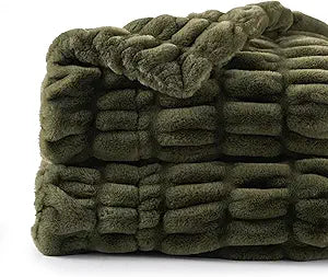 BATTILO HOME Olive Green Faux Fur Throw Blanket for Bed, Double Side Reversible Ruched Faux Rabbit Fur Throw for Couch, Bed, Super Soft Blanket Cozy Warm Mink Blanket, 50"x60"