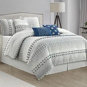 LANCO MODERN LIFESTYLE California King Comforter Set, Blue, Jaquard Clip Striped Design, Elegant Soft 7 Pieces Bedding Set for All Seasons, Matching Bedskirt, Pillow Shams and Decor Pillows