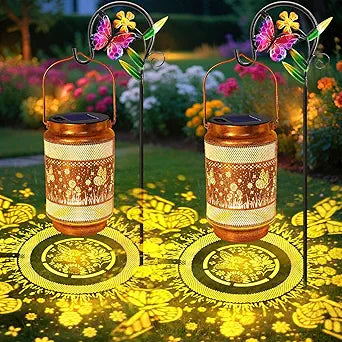 2 Pack Butterfly Solar Lanterns Outdoor Waterproof Solar Garden Decor, Birthday Gifts for Mothers Day Women Mom Grandma, Metal Hanging Lights with Shepherd Hook for Outside Yard Patio Pathway Porch