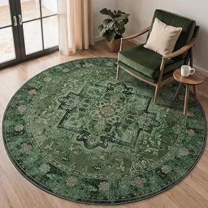 Green Round Rugs 6ft for Living Room, Washable Non Slip Low Pile Thin 6 Feet Circle Rug for Dining Room Table Kitchen, Vintage Medallion 6x6 Round Rug Carpet for Bedroom Home Office Nursery