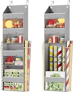 Light Grey Over Door Wrapping Paper Organizer Storage with 3 Removable Drawers & Side Pockets Dual Use Design with Elastic Straps Wrap Storage for Ribbons,Bows,Ornament and Other Tools