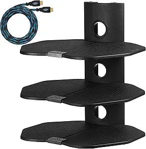 Cheetah TV Wall Mount 3 Shelf Bracket, with 15ft HDMI Cable, Three 18x16-Inch Black Components Shelves Under TV for Cable Box, Blu Ray Player, Stereo AV, AS3B