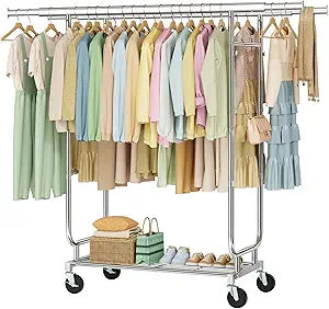 Heavy Duty Rolling Clothes Rack, 620 LBS Load Double Rod Adjustable Garment Rack with Storage Shelves & Lockable Wheels, Portable Clothing Rack for Hanging Clothes for Bedroom, Laundry Living Room