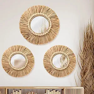 3 Pcs Boho Raffia Mirror Wall Hanging Decor 15.8 Inch 11.8 Inch Rustic Round Boho Circle Mirrors with Wood Bead Farmhouse Aesthetic Nursery Mirrors for Bedroom Living Room Bathroom Wall Decor