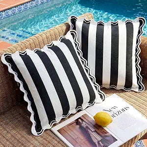 JOJOGOGO 18x18 Black and White Striped Scalloped Outdoor Throw Pillow Covers Waterproof & Fade-Resistant Set of 2, Neutral Embroidered Ruffle Pillows Decorative for Couch Porch & Patio Furniture