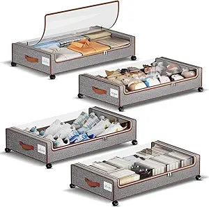 Yecaye Under Bed Storage with Wheels, 4 Pack Under the Bed Storage Containers with Lids & Label, XXL 60 L Rolling Underbed Storage Drawers for Clothes, Blankets, Shoes
